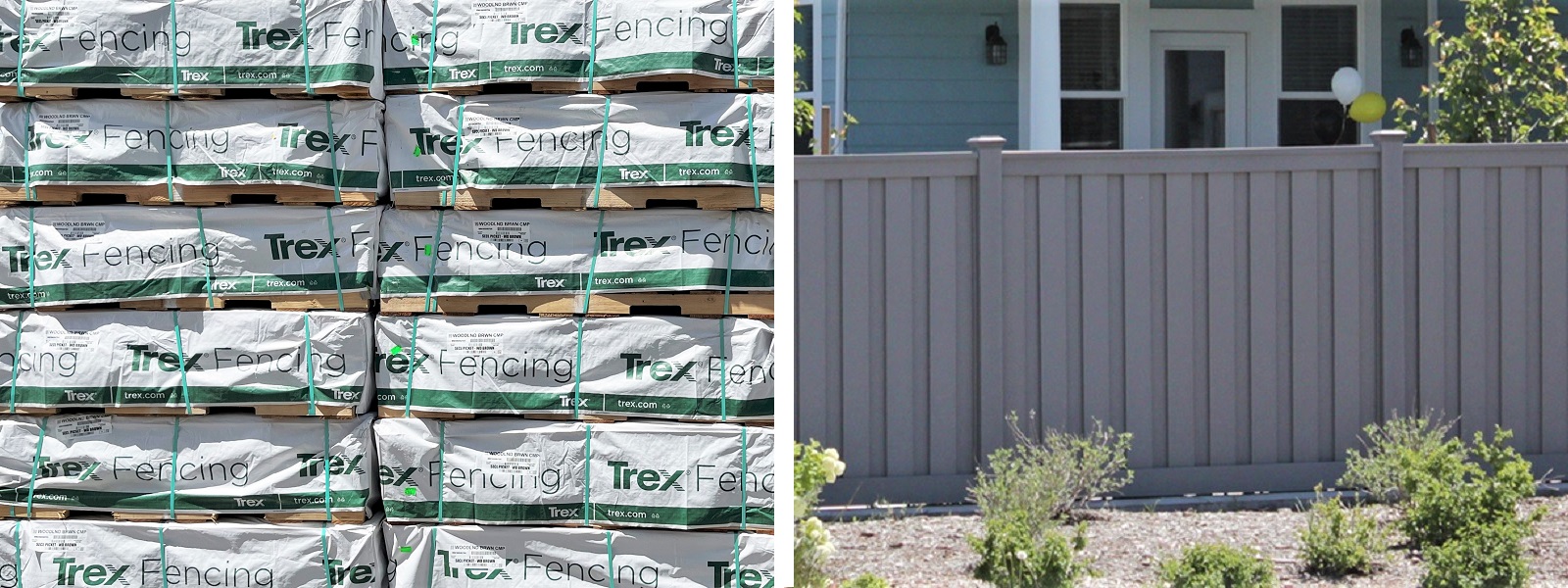 Trex Fence Seclusions materials stacked and covered on pallets with a collage of an installed fence