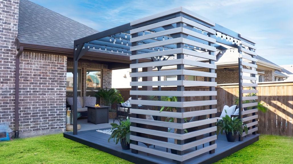 Decorative outdoor living structure with steel pergola