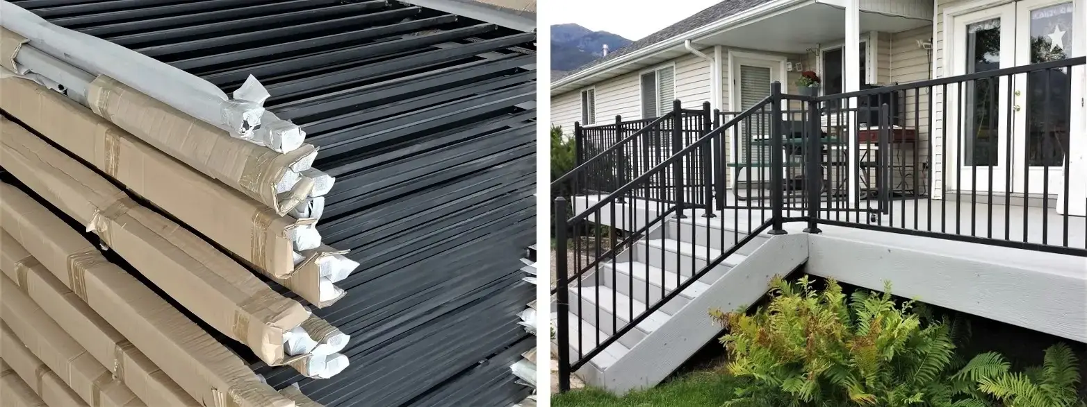 IronGuard railing materials stocked at Fence & Deck Supply with a composite image of an installed railing.