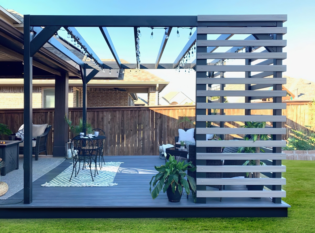 Steel Pergola rafters above an outdoor living space