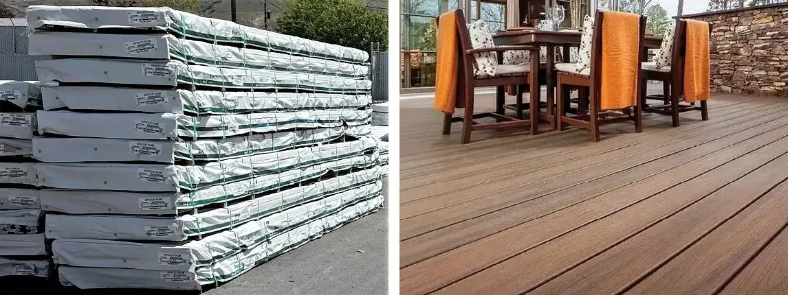 Trex decking materials stocked at Fence & Deck Supply with a composite image of an installed deck