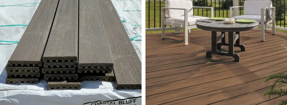 Trex Enhance decking materials stocked at Fence & Deck Supply with a composite image of an installed deck