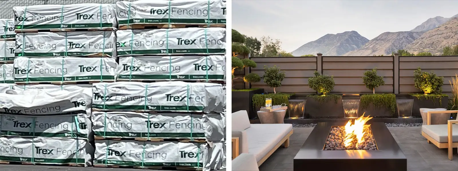 Trex materials and a composite picture of a Horizons horizontal fence system