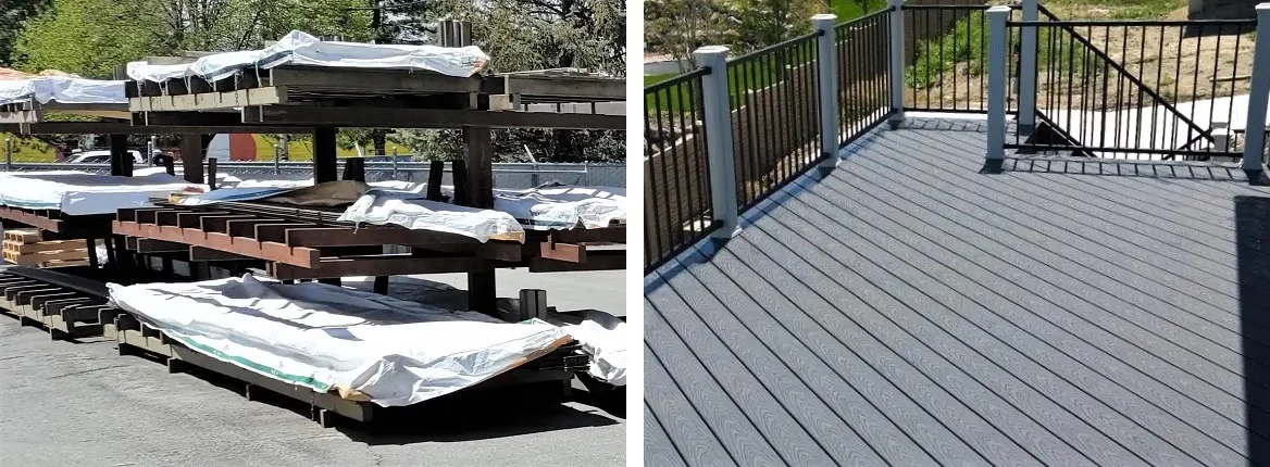 Trex Select decking materials stocked at Fence & Deck Supply with a composite image of an installed deck