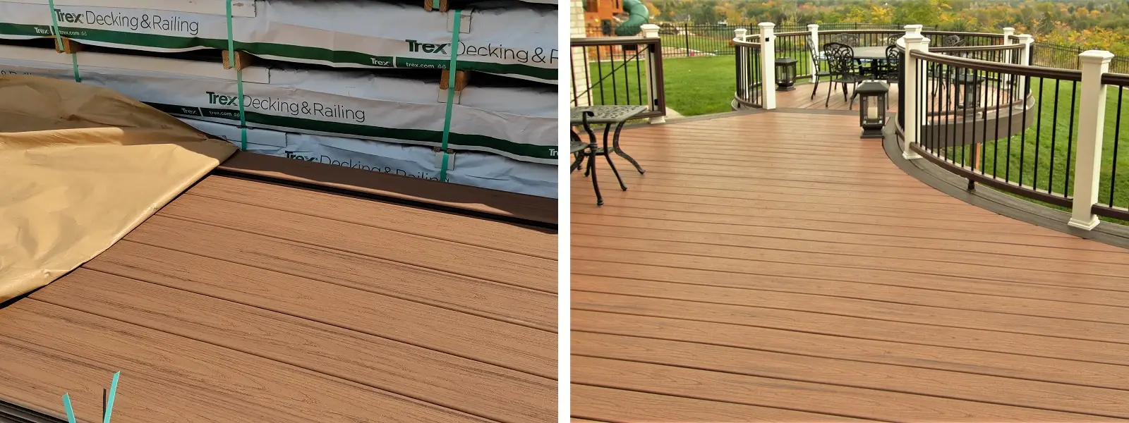 Trex Transcend decking materials stocked at Fence & Deck Supply with a composite image of an installed deck