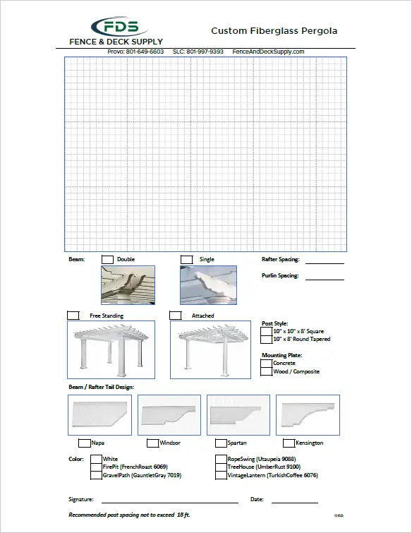 Custom Fiberglass Pergola Worksheet from Fence & Deck Supply